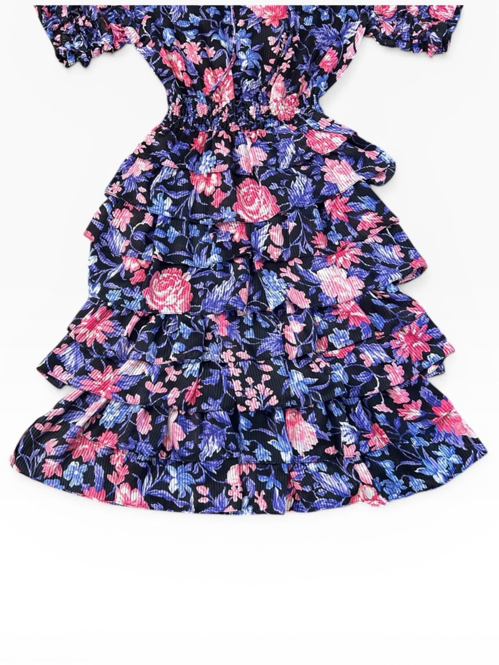 Vintage Neiman Marcus Janan Studio Floral Ruffle Sleeves Tiered Skirt Dress - Picture 8 of 11